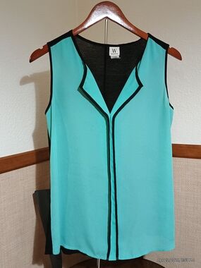 W by Worth Turquoise Sleeveless Blouse with Black Trim